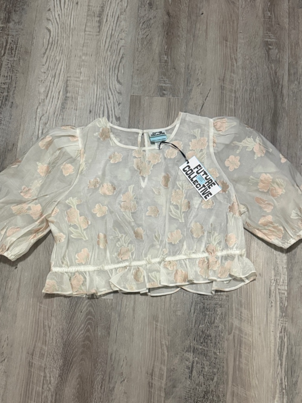 Future Collective Sheer Floral Puff Sleeve Crop Blouse XXL NWT Pink Cream Ruffle